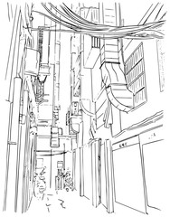 Outline sketch of narrow street with wires and bikes. Vector illustration
