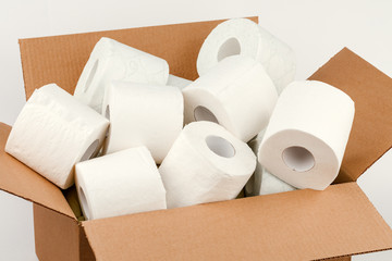 Toilet paper rolls in a cardboard box isolated on a white background