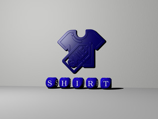 shirt 3D icon on the wall and text of cubic alphabets on the floor, 3D illustration for background and white