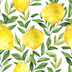 Watercolor hand painted fruits lemon and leaves branches illustration seamless pattern