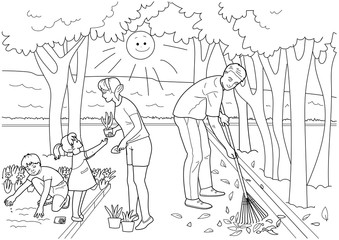 In the park. Family. Coloring. Work, Cleaning of the territory