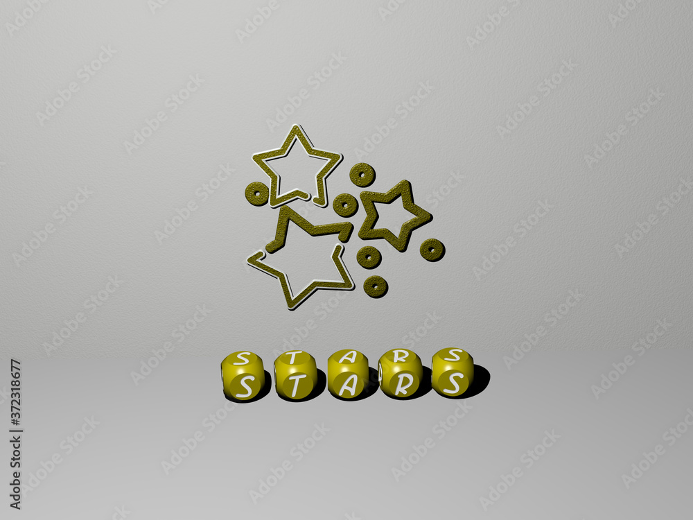 Poster 3d illustration of stars graphics and text made by metallic dice letters for the related meanings of