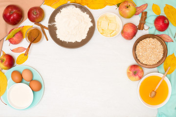 Apple crisp crumble, step-by-step recipe and ingredients for home cooking on a light background top view. traditional autumn dessert with cinnamon and oatmeal, honey.