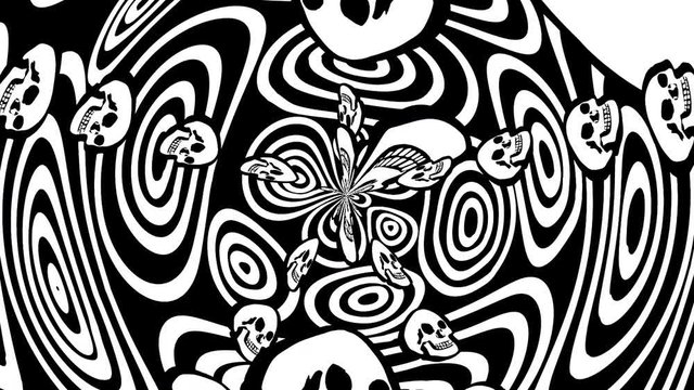 Seamless animation of swirl of psychedelic skulls printed drawn style cartoon. Hypnotic halloween background with marker stroke effect in black and white.
