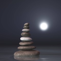 Pyramid of stones in the water against the background of the moon, 3D rendering