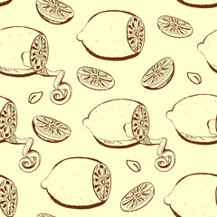 Lemon seamless pattern. Hand drawn vintage background. Citrus fruit with peel and slices on yellow background. For menu, Wallpaper, packaging, kitchen design, curtains, napkins, textile manufacturing.