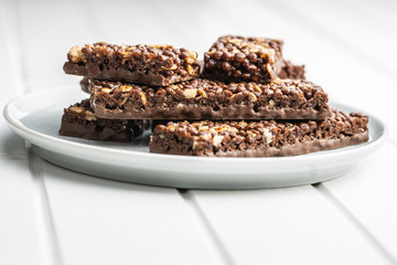 Chocolate cereal bars. Tasty protein bars.