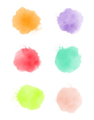 Watercolor paint stroke set, abstract splash color, watercolor effect vector, orange, green, pink and violet colored texture