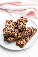 Chocolate cereal bars. Tasty protein bars.