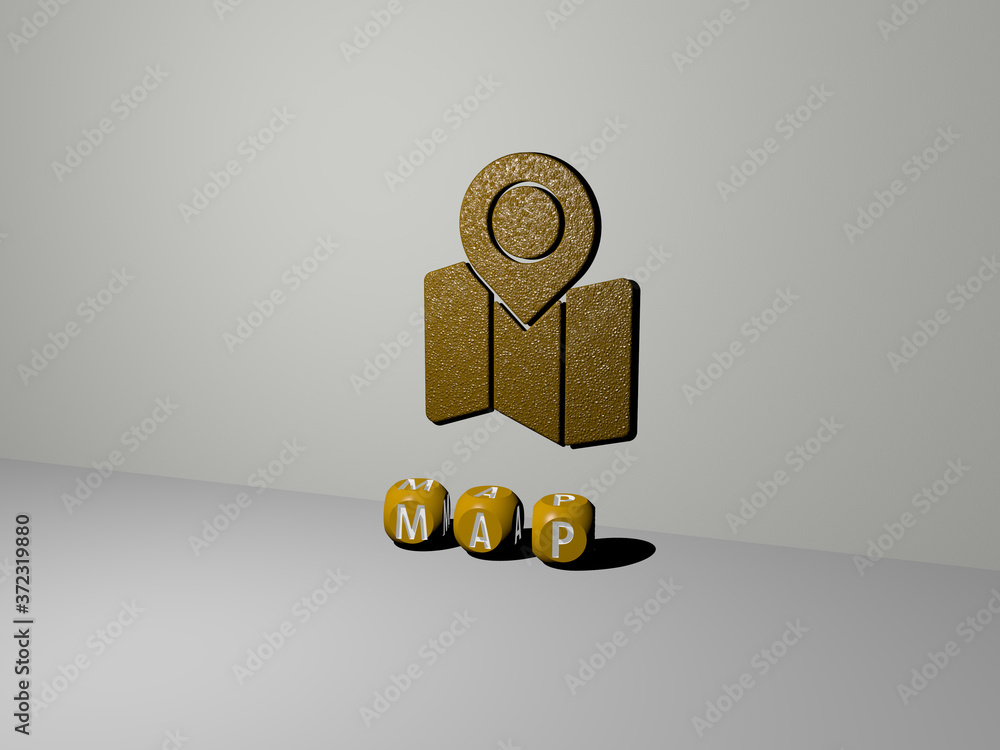 Poster 3d graphical image of map vertically along with text built by metallic cubic letters from the top pe