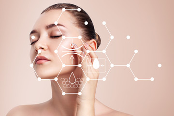 Infographic shows cleansing effect on beautiful female face.