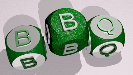 bbq text by dancing dice letters, 3D illustration for barbecue and background