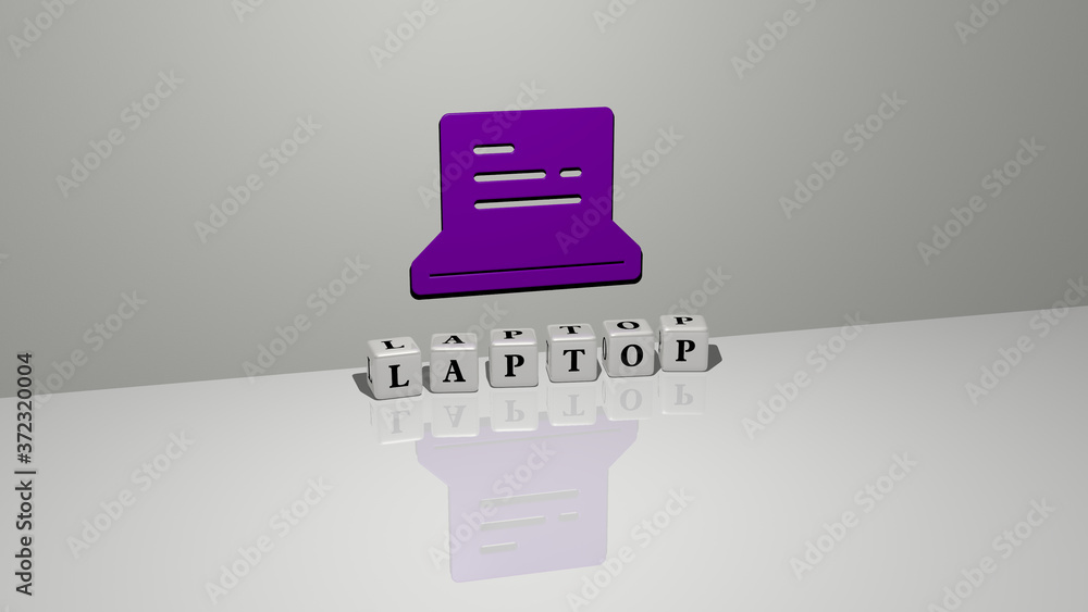 Poster laptop text of cubic dice letters on the floor and 3d icon on the wall, 3d illustration for computer