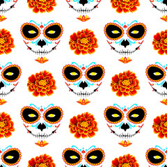 El Día de Los Muertos seamless pattern. La muerte and marigold on a white background
