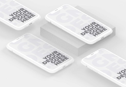 Isometric White Smartphone Mockups on Light Gray Surface