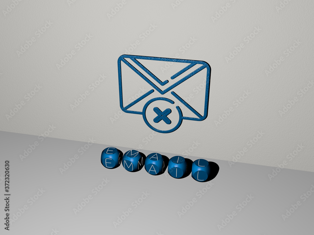 Poster 3d illustration of email graphics and text made by metallic dice letters for the related meanings of