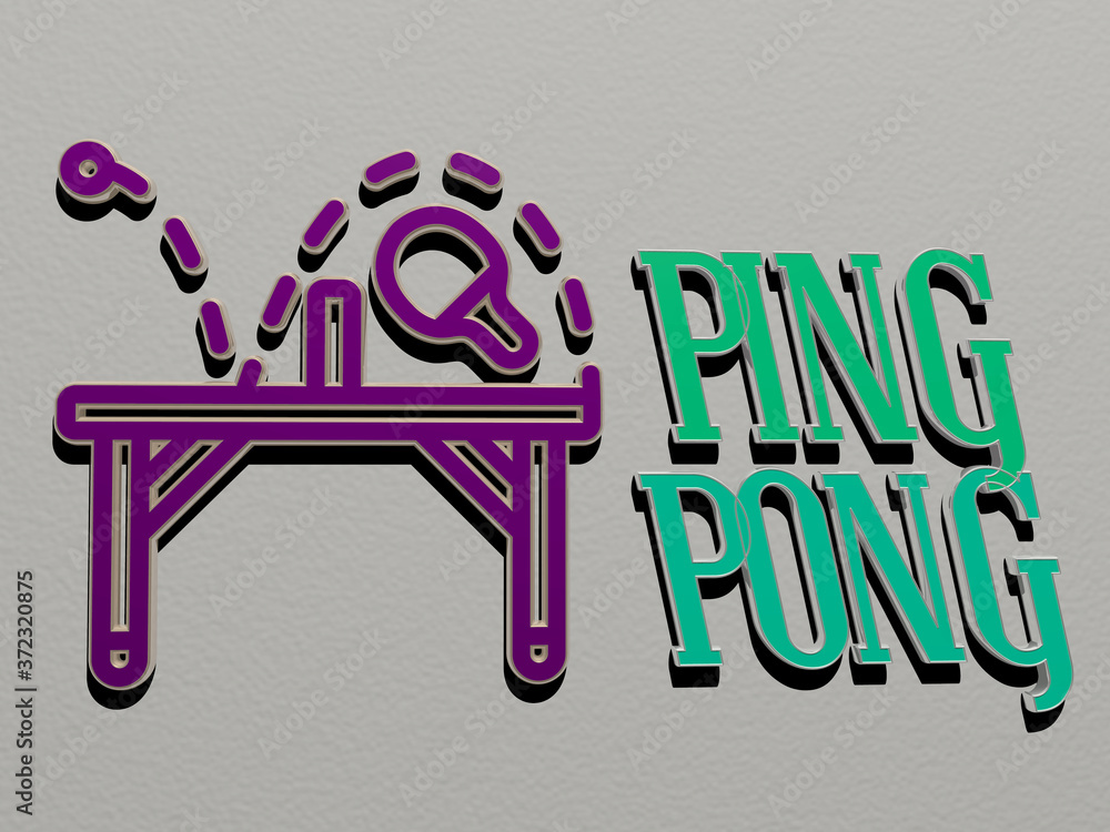 Poster 3d illustration of ping pong graphics and text made by metallic dice letters for the related meaning