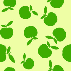 Seamless pattern with cute fruit green apples, on yellow background. Vector cartoon illustration.