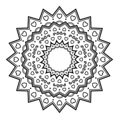 Circle pattern frame of swirling lines, hearts. Print for the cover of the book, postcards, t-shirts. Illustration for coloring.