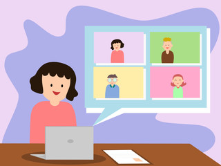 Woman is working form home by video conference. Online meeting with team among self quarantine. Lady look at computer screen. Flat style vector illustration.