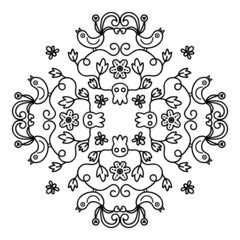 Ornamentof swirling lines,vegetation, flowers, birds. Print for the cover of the book, postcards, t-shirts. Illustration for rugs.