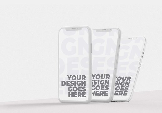 Three Lined Up White Clay Smartphone Mockups with Realistic Shadows