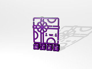 gift 3D icon object on text of cubic letters, 3D illustration for background and christmas