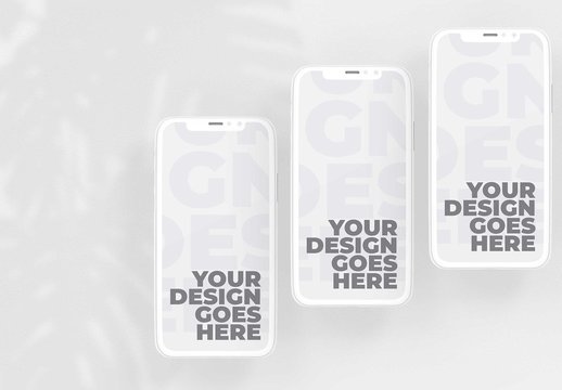Three White Clay Smartphone Mockups with Monstera Leaf Shadow Overlay
