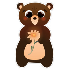 Cute bear with disy sticker for kids, greeting illustration, adorable birthday animal with flower