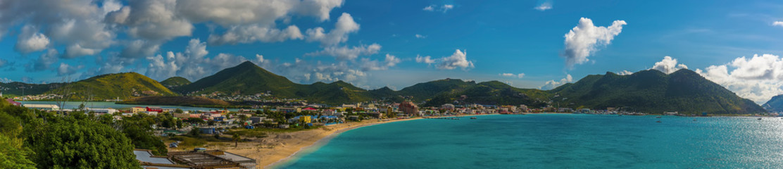 Fototapeta na wymiar A panorama view across the Great Bay of Philipsburg, St Maarten in the early morning light