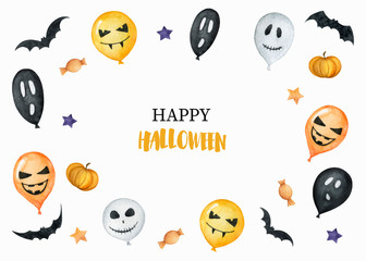Watercolor Happy Halloween card isolated on a white background.