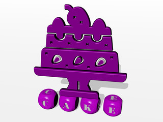 CAKE cubic letters with 3D icon on the top, 3D illustration for background and bakery