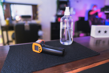 New normality at the entrance in public places - Temperature measuring device and hand disinfection - Coronavirus lifestyle