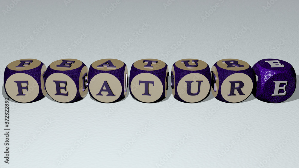 Poster FEATURE combined by dice letters and color crossing for the related meanings of the concept for building and background