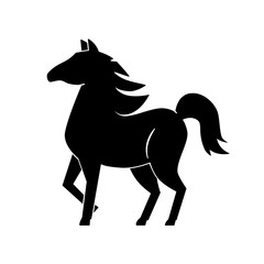 Black silhouette of a horse on a white background. The horse is standing, the mane flutters. Monochrome horse.