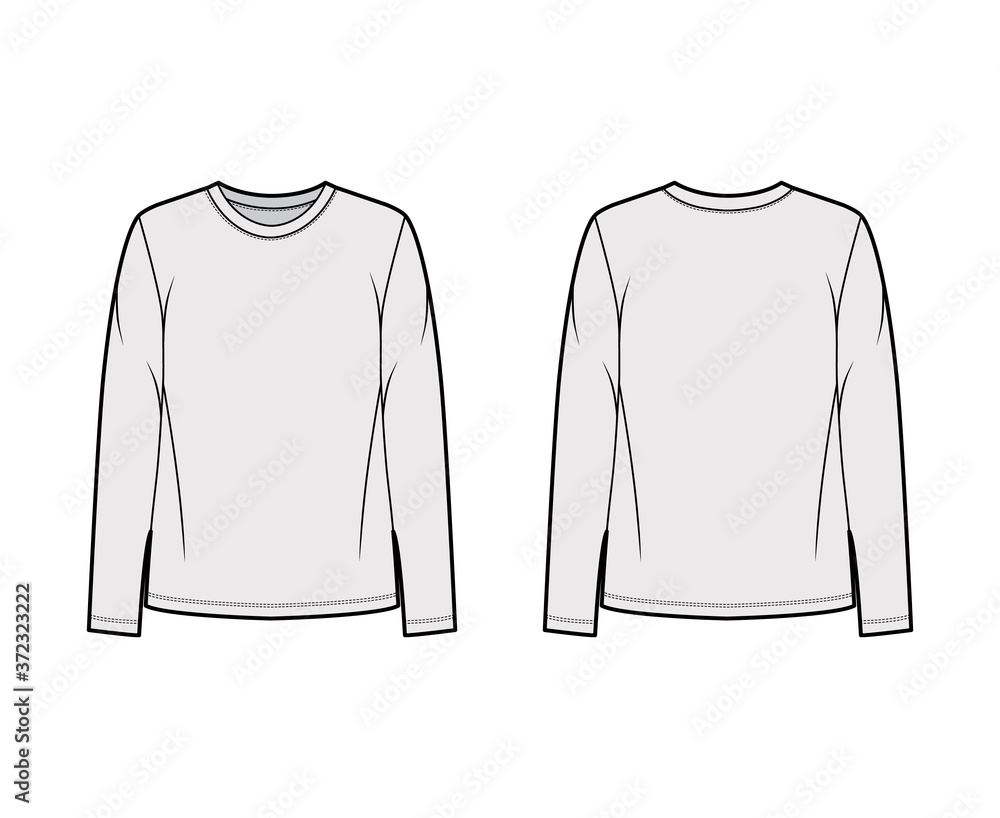 Sticker Cotton-jersey shirt technical fashion illustration with relaxed fit, crew neckline, long sleeves. Flat outwear basic apparel template front, back, grey color. Women, men, unisex top CAD mockup. 