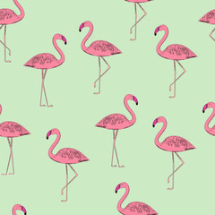 Pink Flamingo seamless pattern on green background. Fashionable vector illustration. design for fabric, interior, decor, printing.