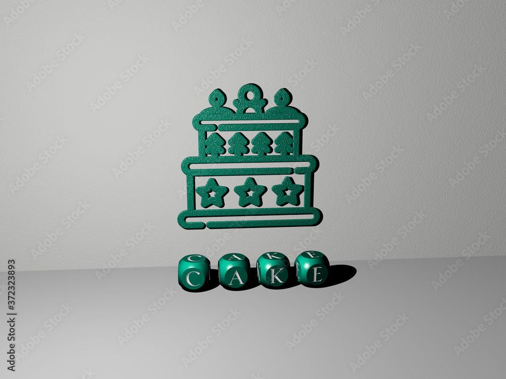 Poster 3d illustration of cake graphics and text made by metallic dice letters for the related meanings of 