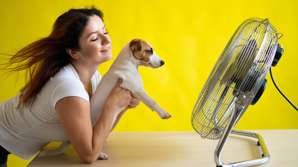 Caucasian woman and dog are cooled by an electric fan. A girl with her pet Jack Russell Terrier...
