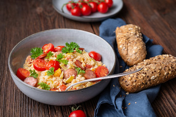Leco, vegetable stew with tomatoes, bell pepper, onion, eggs and sausage fried slices