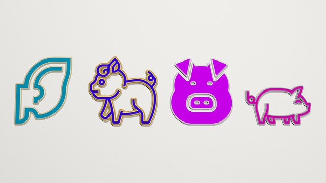 pig 4 icons set, 3D illustration for animal and background