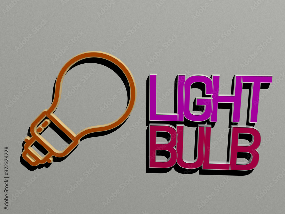 Poster 3D graphical image of light bulb vertically along with text built by metallic cubic letters from the top perspective, excellent for the concept presentation and slideshows for background and