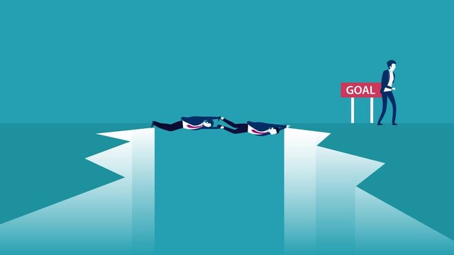 Male boss using subordinates to pass mountain gap