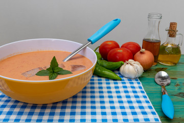 Gazpacho, sopa fría de verduras en un cuenco amarillo