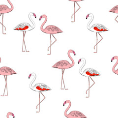Flamingo seamless pattern on white background. Pink and Chilean flamingos. Fashionable vector illustration. minimalist style.