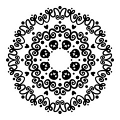 Circle ornate frame of swirling lines, vegetation, hearts. Print for the cover of the book, postcards, t-shirts. Illustration for rugs.