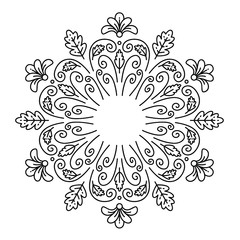 Ornate frame of swirling lines, leaves and flowers. Print for the cover of the book, postcards, t-shirts. Illustration for rugs.