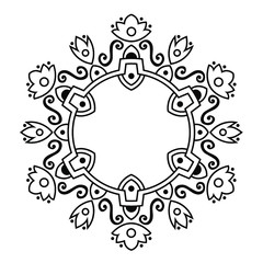 Ornament frame of swirling lines, vegetation, flowers and geometric shapes. Print for the cover of the book, postcards, t-shirts. Illustration for rugs. Decoration element.