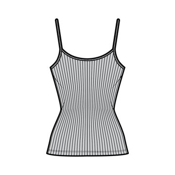 Ribbed camisole technical fashion illustration with scoop neck, fitted knit body, tunic length. Flat outwear basic tank apparel template front, grey color. Women men unisex shirt top CAD mockup