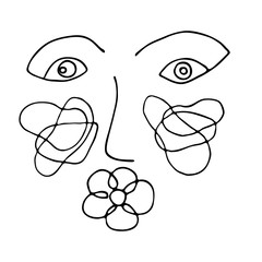 Hand drawing abstract female portrait line art isolated on white background. Modern vector illustration. Eyes, lips and floral outline art.